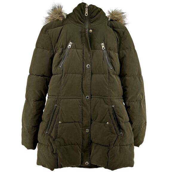 Nautica Puffer Jacket Faux Fur Detachable Hood Mid Length Winter Snow Green M - Picture 1 of 6
